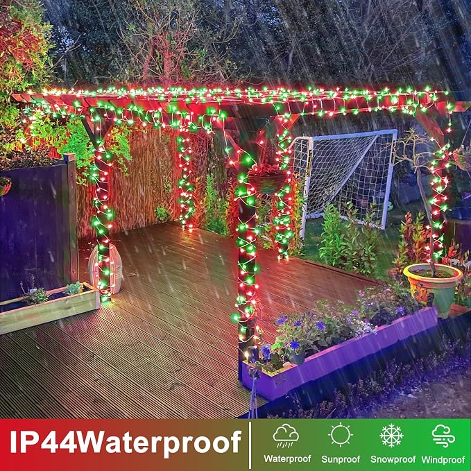 82FT 250 LED Outdoor String Lights, Red and Green Christmas Lights Indoor | Plug in Waterproof 8 Modes Clear Wire String Twinkle Lights for Bedroom Outside Patio Yard Xmas Party Holiday Decorations