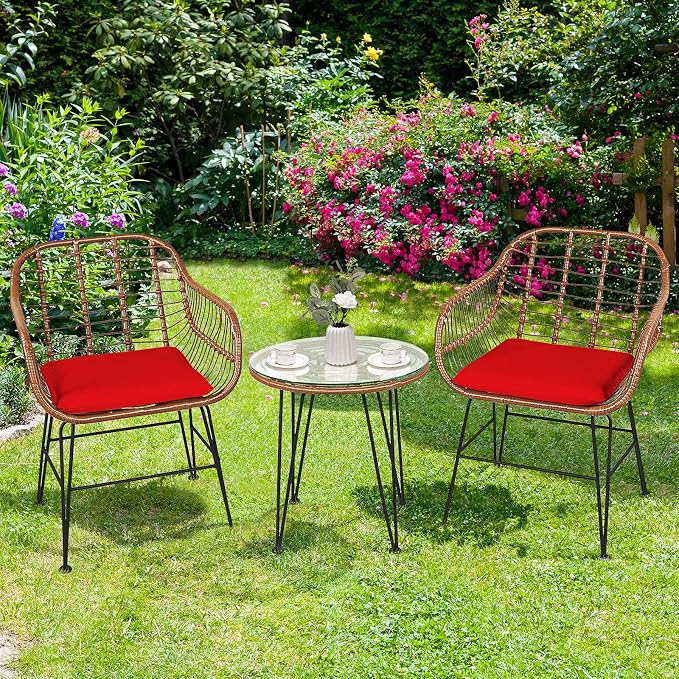 Tangkula 3 Pieces Patio Conversation Bistro Set, Outdoor Wicker Furniture w/Round Tempered Glass Top Table & 2 Rattan Armchairs, Bistro Chat Set w/Seat Cushions for Porch, Backyard, Garden