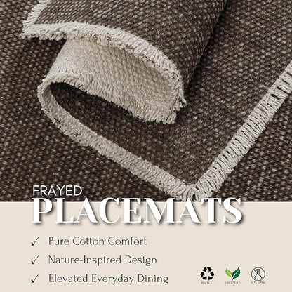 Hausattire Cotton Frayed Placemats Set of 6 Dining Table 14x14 Inch | Rustic Vintage Boho Washable Easter Placemat for Outdoor Parties BBQ's Wedding, Holiday, Special Occasions, Nubby Cotton - Brown