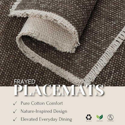 Hausattire Cotton Frayed Placemats Set of 6 Dining Table 13x19 Inch | Rustic Vintage Boho Washable Easter Placemat for Outdoor Parties BBQ's Wedding, Holiday,Nubby Cotton - Brown