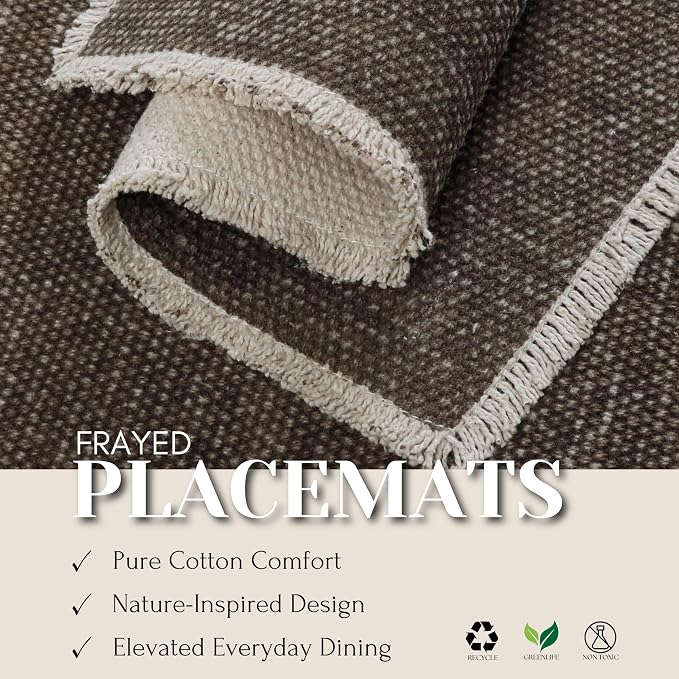 Hausattire Cotton Frayed Placemats Set of 4 Dining Table 13x19 Inch | Rustic Vintage Boho Washable Easter Placemat for Outdoor Parties BBQ's Wedding, Holiday, Nubby Cotton - Brown