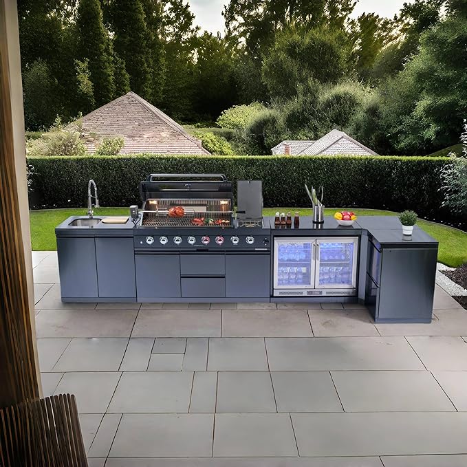 157" 6-Burner 96000 BTU Propane Gas Outdoor Kitchen Island - Stainless Steel Grill with Wine Cooler, Rotisserie, Granite Countertops, Storage Cabinets & Drawers,Black
