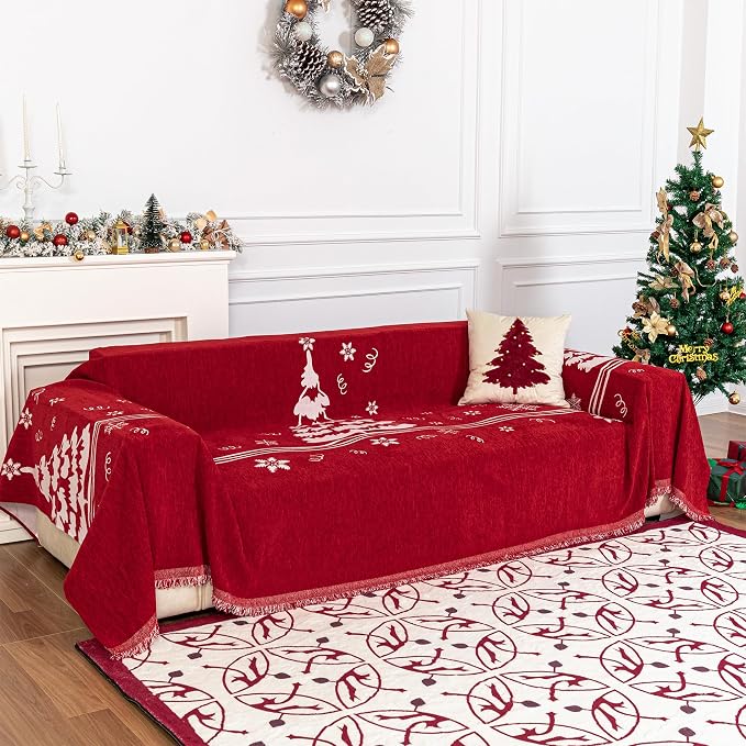 MYSKY HOME Couch Covers for Pets Thick Chenille Christmas Red Sofa Slipcover Non Slip Soft Couch Sofa Cover, Washable Furniture Protector Sofa Slipcover with Tassel for Kids, Dogs, 71"x118"