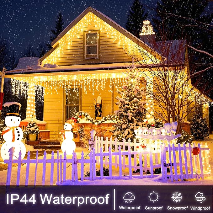 Icicle Lights for Outside 99ft 1216 LED Warm White Christmas Lights Outdoor | Plug in Icicle Christmas Lights 8 Modes Waterproof with 228 Drops for Party, Holiday, Wedding, Christmas Decoration