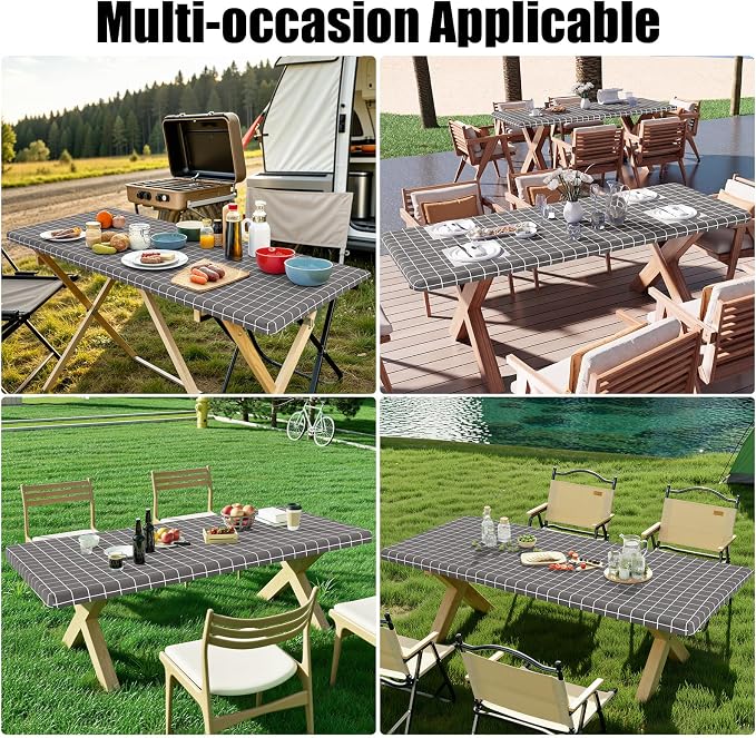 Smiry 2 Pack Rectangle Table Cloth 6 Foot, Waterproof Elastic Fitted Tablecloths, Windproof Washable Polyester Table Cover for Picnic, Camping, Outdoor (Grey & White, 30"x72")