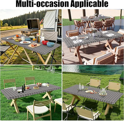 Smiry 2 Pack Rectangle Table Cloth 6 Foot, Waterproof Elastic Fitted Tablecloths, Windproof Washable Polyester Table Cover for Picnic, Camping, Outdoor (Grey & White, 30"x72")