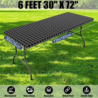 Smiry 2 Pack Rectangle Table Cloth 6 Foot, Waterproof Elastic Fitted Tablecloths, Windproof Washable Polyester Table Cover for Picnic, Camping, Outdoor (Black & White, 30"x72")