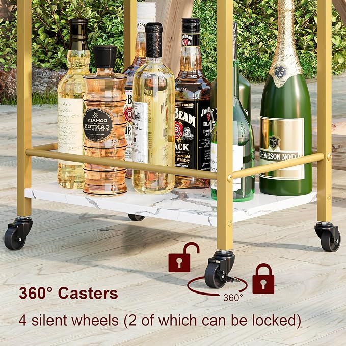 3-Tier Gold Bar Cart with Removable Tray, Small Bar Carts with Wheels, Rolling Beverage Cart, Drink Cart, Gold Wine Cart with Wine Rack for Kitchen, Living Room GBC513G