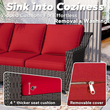 8 Pieces Patio Conversation Furniture Set - 2 Sofas, 4 Ottomans, 2 Swivel Chairs, 1 Side Table, Outdoor Wicker Furniture with Removable Cushions for Porch, Balcony, Sunroom (Red)