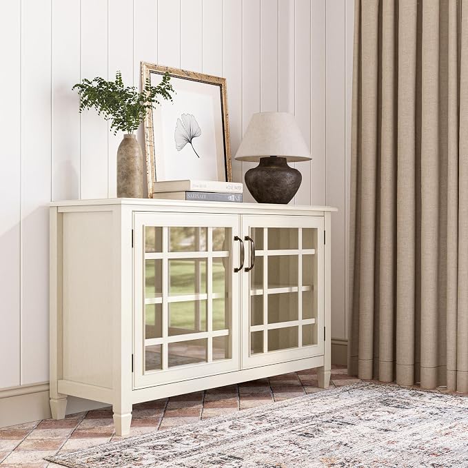 SIMPLIHOME Connaught 46" Wide Solid Wood Low Cabinet in Antique White | Traditional low console cabinet with glass doors and storage shelves for the living room, entryway or dining room.