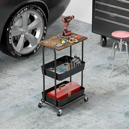 Simple Houseware 2-Tier Utility Cart Wood Top/Lockable Wheel, Rustic Brown | 2-Tier Metal Storage Organizer Trolley for Kitchen, Bathroom, Office, Craft Room