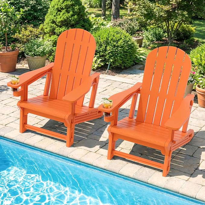 Shintenchi Adirondack Chairs Set of 2,HDPE Adirondack Chairs w/Removable Tablelop & Umbrella Hole,All-Weather Wooden Textured Plastic Outdoor Chairs w/Cup Holders for Garden Backyard Pool,Orange
