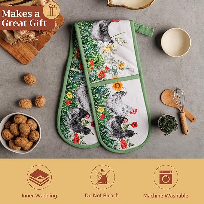 Maison d' Hermine Double Oven Mitts 100% Cotton 7"x35" Double Oven Mitt Heat Resistant BBQ Cooking Gloves with Loop Baking Grilling Kitchen Hotel Home Farmhouse Spring Summer (Basse Cour)