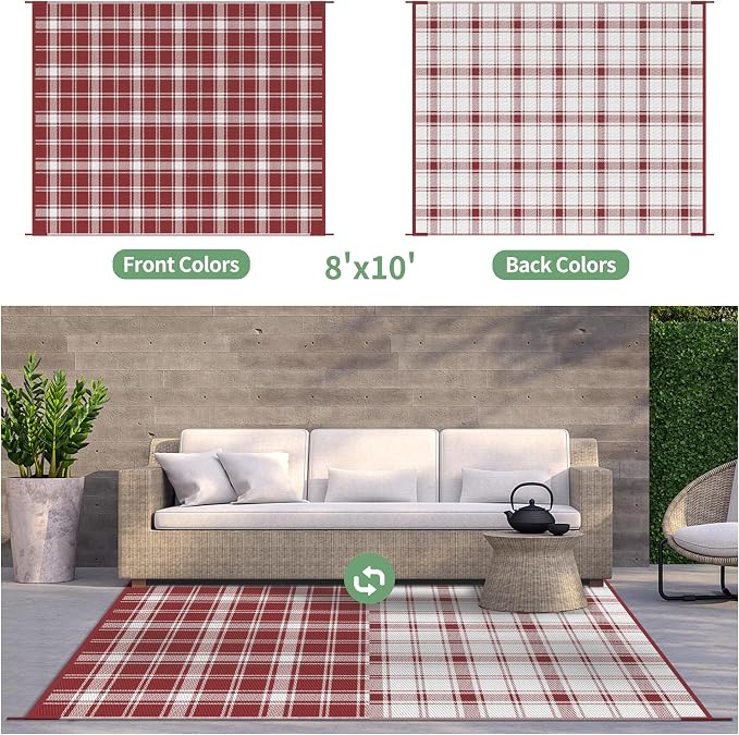 GENIMO Outdoor Rug, Waterproof Plastic Rugs for Patio, 8'x10' Red Plaid | Outside Larger Modern Carpet Mat for Porch Decor, Deck, Balcony, Camping, RV, Backyard, Picnic, Beach, Reversible, Foldable