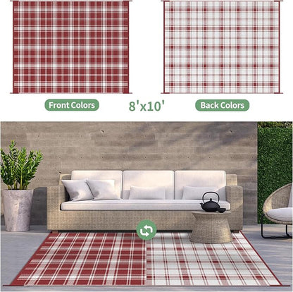 GENIMO Outdoor Rug, Waterproof Plastic Rugs for Patio, 8'x10' Red Plaid | Outside Larger Modern Carpet Mat for Porch Decor, Deck, Balcony, Camping, RV, Backyard, Picnic, Beach, Reversible, Foldable