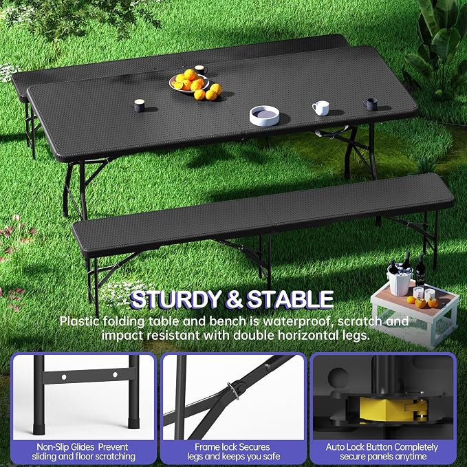 VSOAEIL 6 Foot Folding Picnic Table Set with 2 Benches, Camping Table Chair Set, HDPE Rattan Pattern Top, 3-Piece Portable Indoor Outdoor Furniture with Safety Locks & Handle for Party Camping, Black