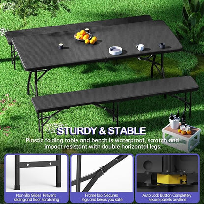 VSOAEIL 6 Foot Folding Picnic Table Set with 2 Benches, Camping Table Chair Set, HDPE Rattan Pattern Top, 3-Piece Portable Indoor Outdoor Furniture with Safety Locks & Handle for Party Camping, Black