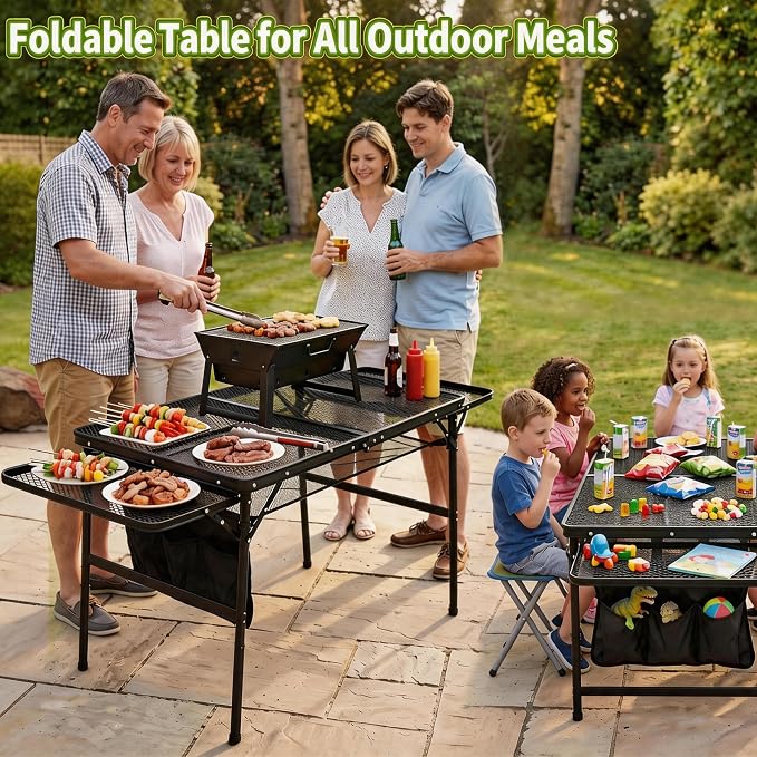 Folding Camping Table with 2 Wing Panels – Adjustable Height & Width Portable Outdoor Grill Table, 3x2 FT Lightweight Metal Picnic Table with Mesh Layer & Side Pocket for BBQ, Beach, Tailgate, Hiking