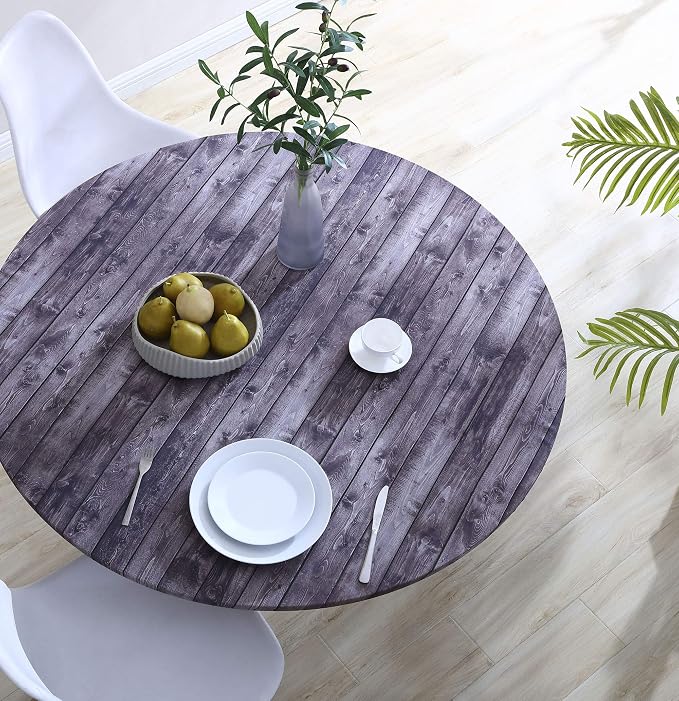 Brielle Home Easy Care Picnic Tablecloth Wood Printed Indoor Outdoor Elastic Cotton Fabric Fitted Dining Table Cover, 42" Round, Distressed Wood