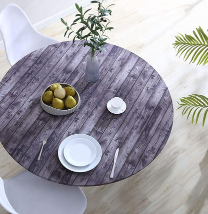 Brielle Home Easy Care Picnic Tablecloth Wood Printed Indoor Outdoor Elastic Cotton Fabric Fitted Dining Table Cover, 42" Round, Distressed Wood