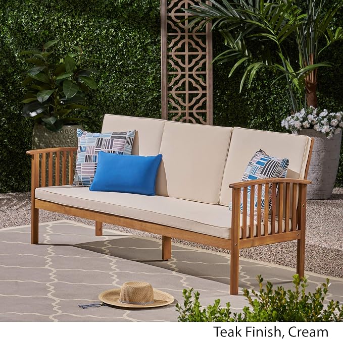 Christopher Knight Home Breenda Outdoor Acacia Wood Sofa with Cushions, Teak Finish, Cream