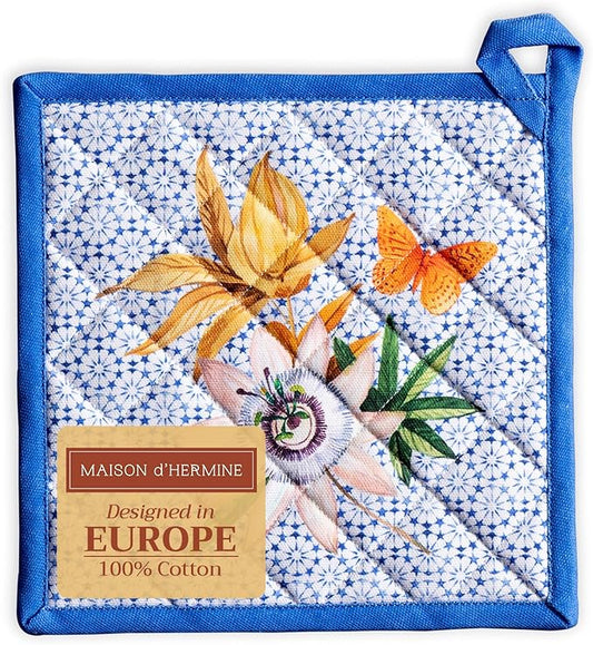 Maison d' Hermine Pot Holders 100% Cotton Heat Resistant Potholders 8" x 8" Hot Pads with Loop BBQ Cooking Baking Hotel Farmhouse Kitchen Handling Hot Pans Spring Summer (Pack of 1, Passiflora)