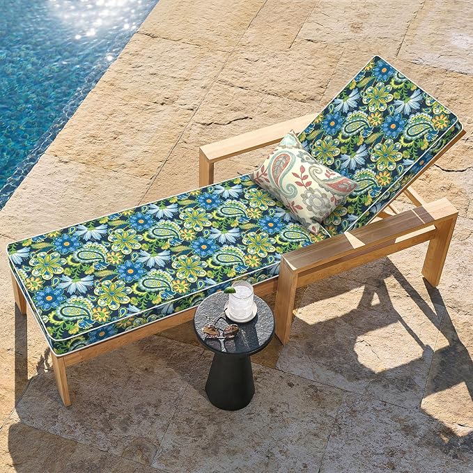 LVTXIII Outdoor Chaise Lounge Cushion 72x21x3 Inch, Water-Repellent Patio Seat Cushion with Ties & Hidden Zipper, Thick Foam Pad for Lawn Chair, Poolside, Patio Furniture, Bohemian Azure
