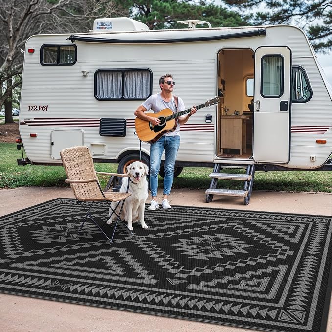 GENIMO Outdoor Rug, Waterproof Plastic Rugs for Patio, 9'x12' Charcoal Grey | Outside Larger Modern Carpet Mat for Porch Decor, Deck, Balcony, Camping, RV, Backyard, Picnic, Beach, Reversible, Foldable