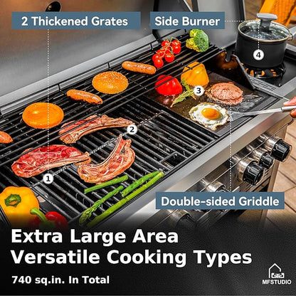 MFSTUDIO 6 Burner BBQ Propane Gas Grill with Side Burner & Porcelain-Enameled Cast Iron Grates, Grill Griddle Combo for Outdoor Barbecue, 740 SQ.IN. Large Cooking Area