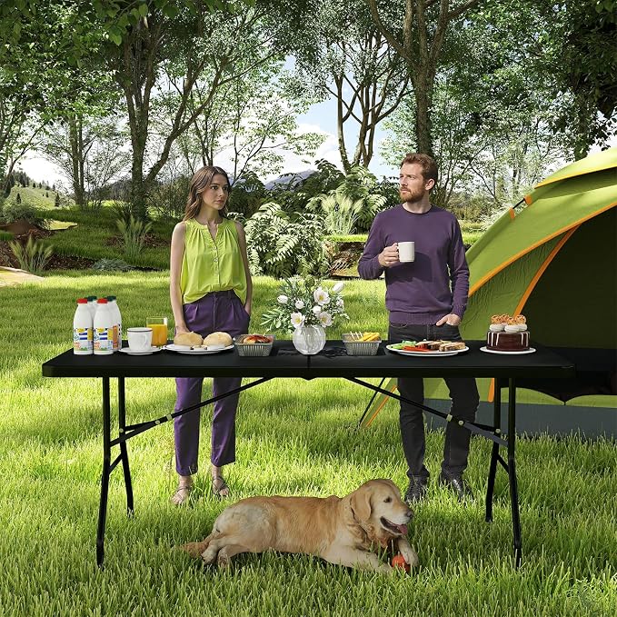 Giantex Folding Picnic Table, 6FT Portable Foldable Tables for Party BBQ, Metal Legs, HDPE, Outdoor Indoor Camping Table with Handle, No Assembly (Black)