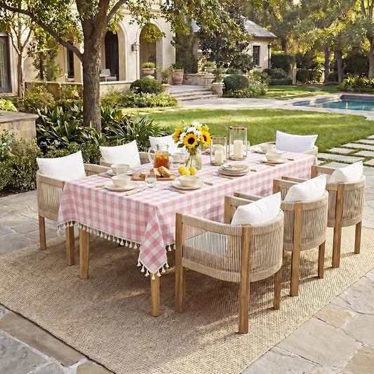 Softalker Pink Gingham Tablecloth Square, Outdoor Linen Cotton Checkered Table Cloth with Tassel, Heavy Duty Wrinkle Free Buffalo Plaid Table Cover for Kitchen Dining Home Party - 55 x 55 Inch