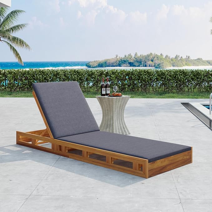 Merax Patio Chaise Lounge with Adjustable Backrest & Cushion, Acacia Wood Recliner Chair with Teak Finish for Backyard Pool Garden