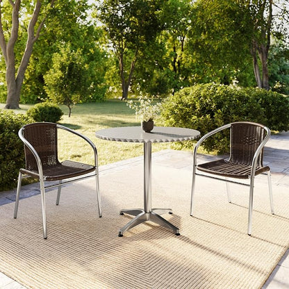 Flash Furniture Lila 31.5'' Round Aluminum Indoor-Outdoor Table Set with 2 Dark Brown Rattan Chairs | Aluminum Tabletop, Indoor/Outdoor