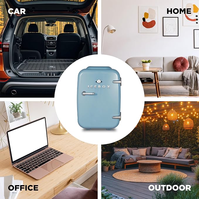 IceBox 4-Liter Mini Fridge Cooler/Warmer, IBMF4SLT, Slate Blue | Portable Refrigerator Holds 6 Cans, Compact for Skincare, Beverages and Food, Includes 120V AC and 12V Car Adapters