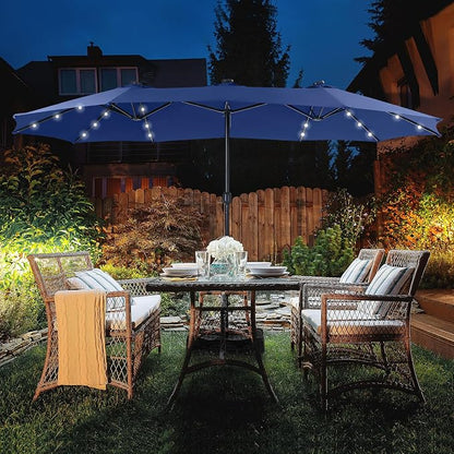 15ft Patio Umbrella with Solar lights & Base, Large Umbrellas, Haze Blue | HERA'S PALACE Rectangle Double Market Umbrella with 36 LED Lights, Big Outdoor Umbrellas for Pool Picnic Inground Yard Deck