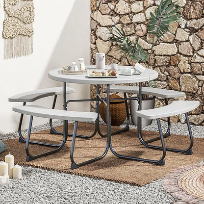 COSTWAY Round Picnic Table with Umbrella Hole, Outdoor Picnic Table with Bench Set for 4-8 People, HDPE Tabletop, Patio Dining Furniture Set for Family Gatherings, BBQ Party, Backyard (Grey)