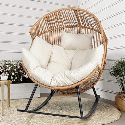 Shintenchi Egg Chair Outdoor, Oversized Outdoor Indoor Wicker Rocking Chair, Large PE Rattan Egg Rocking Chair with Cushion for Patio, Balcony, Backyard, Garden, Beige