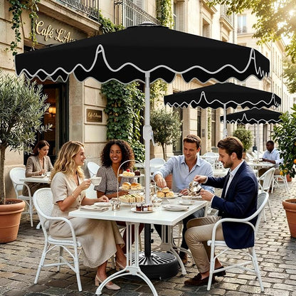 AreShark 9FT Outdoor Patio Umbrella with Wavy Trim (Black) | Market Table Umbrellas w/ 6 Sturdy Ribs, Crank & Tilt, White Pole, Pool Umbrella with UV-Fade Resistant Fabric, Heavy Frame