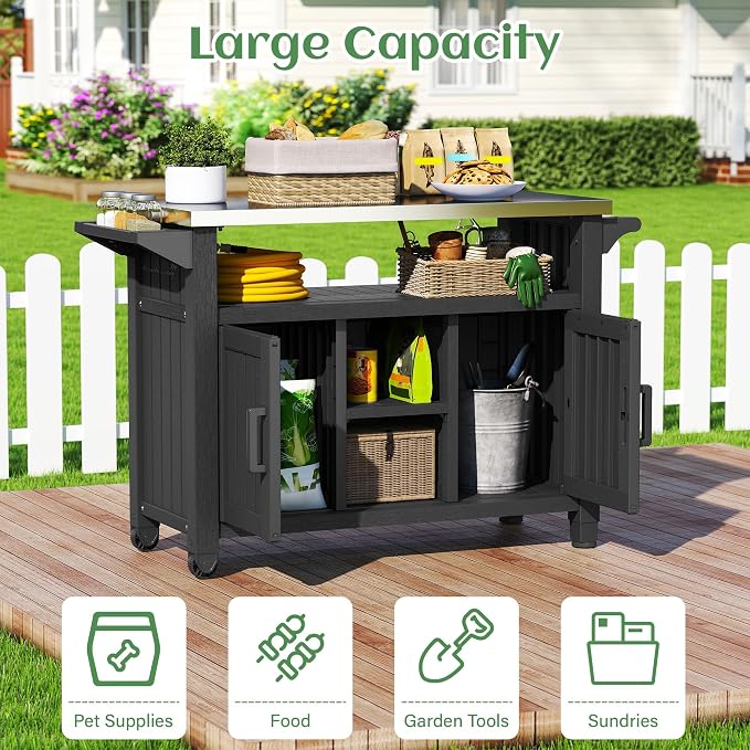 Bifanuo Outdoor Grill Table Grill Cart with Stainless Steel Top & Storage Cabinet for Food Prep and Storage, Portable and Durable with Wheels(Classic Black)