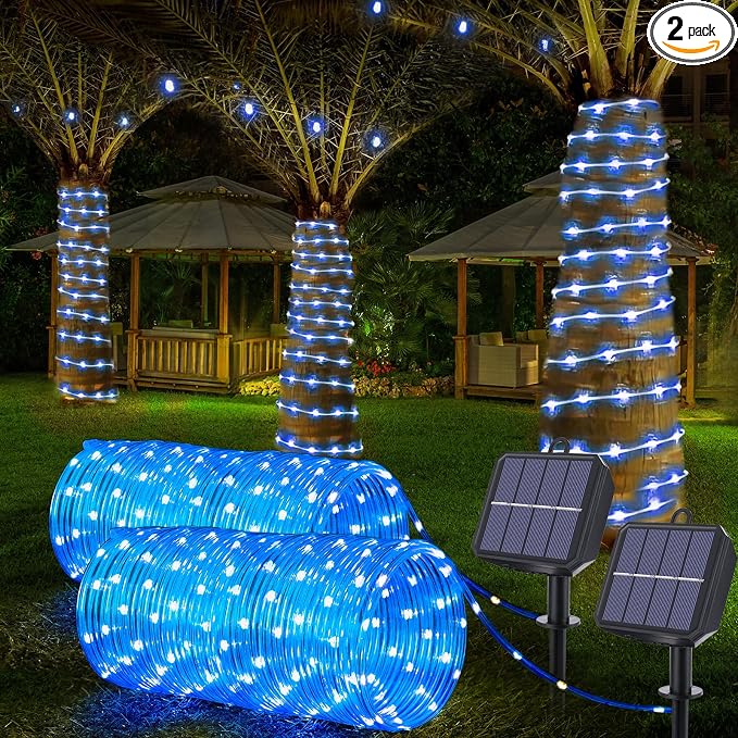 Jnaurb Solar Rope Lights, 2 Pack Total 66ft 200LED Solar String Lights, 8 Modes Waterproof Solar Outdoor Light, Flexible Clear Trampoline Light for Garden Yard Patio Deck Porch Pool Tree Decor - Blue