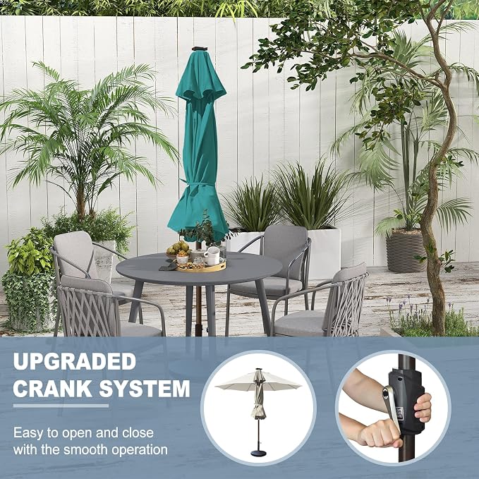 EliteShade USA 10-Year-Non-Fading 10ft Market Patio Umbrella, Commercial Grade Table Sun Umbrella with 80 Solar LED Lights, Crank Open, Windproof & UPF 50+ UV Protection for Garden, Deck, Pool, Backyard, No Tilt, Teal