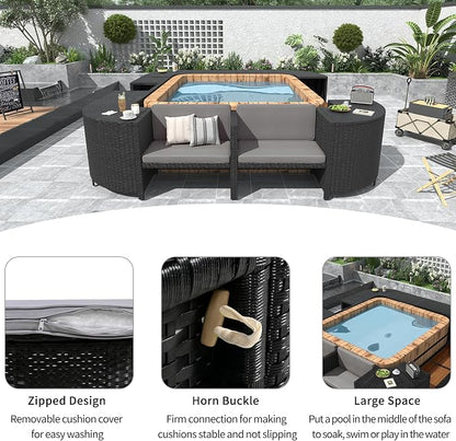 Merax Patio Furniture Set with Mini Sofa, Wooden Seats and Storage Spaces, Outdoor Conversation Sets for Patio, Lawn, Garden
