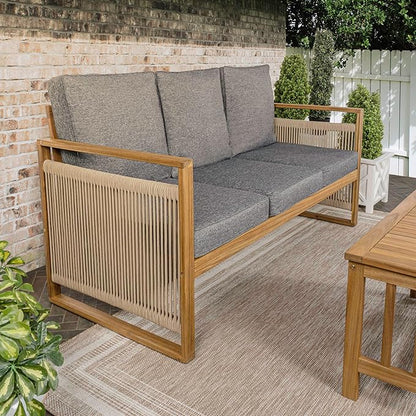 JONATHAN Y Gable Acacia Wood and Woven Rope 63" Outdoor Sofa, 3-Seater Patio Bench with Weather-Resistant Gray Cushions for Backyard and Porch, Bohemian Style, Teak Brown Finish SFB1002B