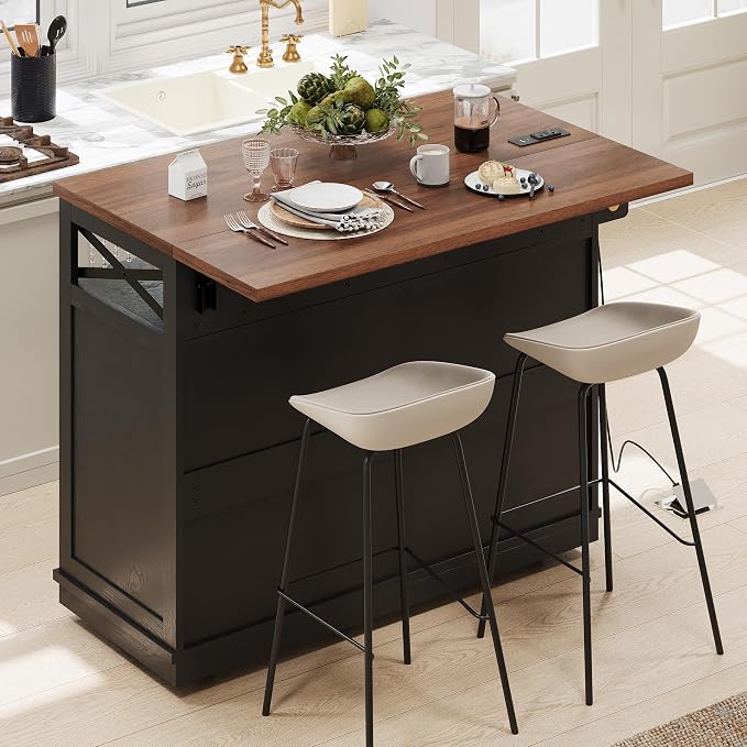 Bellemave 46.5" Farmhouse Kitchen Island cart with Charging Station and with Drape of Beads, Rolling Kitchen Island Table with Drop-Leaf, 3 Drawers, Black