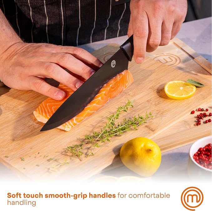 MasterChef Knife Set with Block, 7pc Kitchen Knives Set with Holder, Black | Knife Block Set with Sharp Stainless Steel Blades for Precise Cutting with Non Stick Coating & Soft Touch Easy Grip Handles