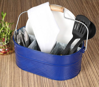 Alpha Living Home 4 -Section Galvanized Utensil Silverware Caddy - Farmhouse Organizer with 4 Compartments and Wooden Handle - Versatile Storage for Kitchen, Outdoor & Party Essentials (Blue)