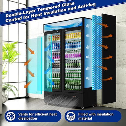 Beverage Cooler Commercial Refrigerator 40.3 Cu.Ft. Glass Door Display Refrigerator with LED Light, Shelves, Display 10 Commercial Beverage Refrigeratorfor Restaurant Cafe Bar Store (40.3 Cu.Ft.)