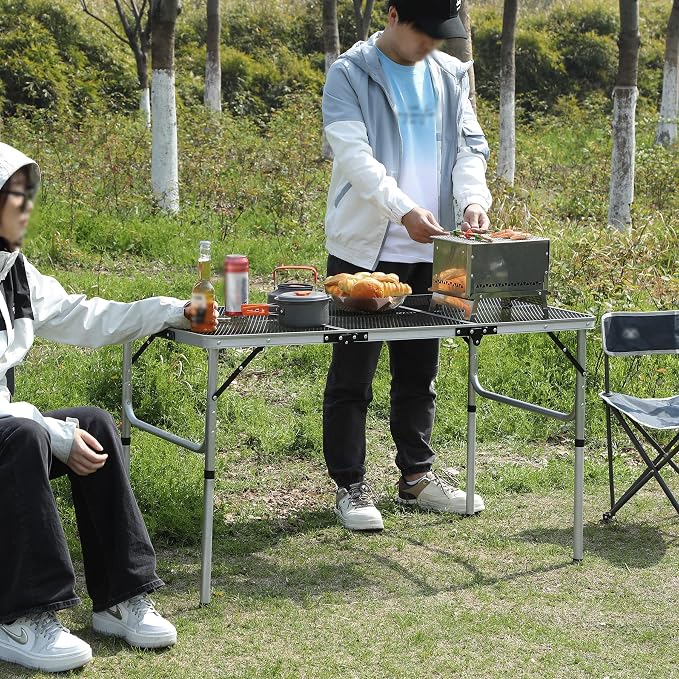 REDCAMP 48x24 Long Folding Grill Table for Outside, Lightweight Portable Metal Aluminum Outdoor Grill Table with Adjustable Height Legs, Great for Camping Picnic Cooking BBQ, Silver 4ft
