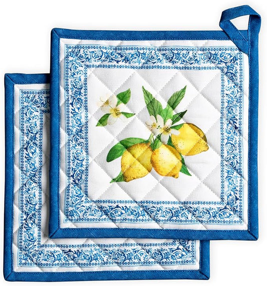 Maison d' Hermine Pot Holders 100% Cotton Heat Resistant Potholders 8" x 8" Hot Pads with Loop BBQ Cooking Baking Hotel Farmhouse Kitchen Handling Hot Pans Spring Summer (Pack of 2, Cedrat)