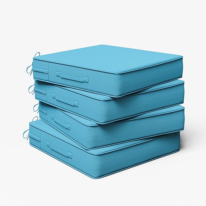 Outdoor Chair Cushion 24 x 24 x 5 Inches Patio Furniture Outdoor Waterproof Seat Cushion, Patio Chair Cushion with Handles and Ties, Square Dining Chair Cushion Set of 4, Lake Blue